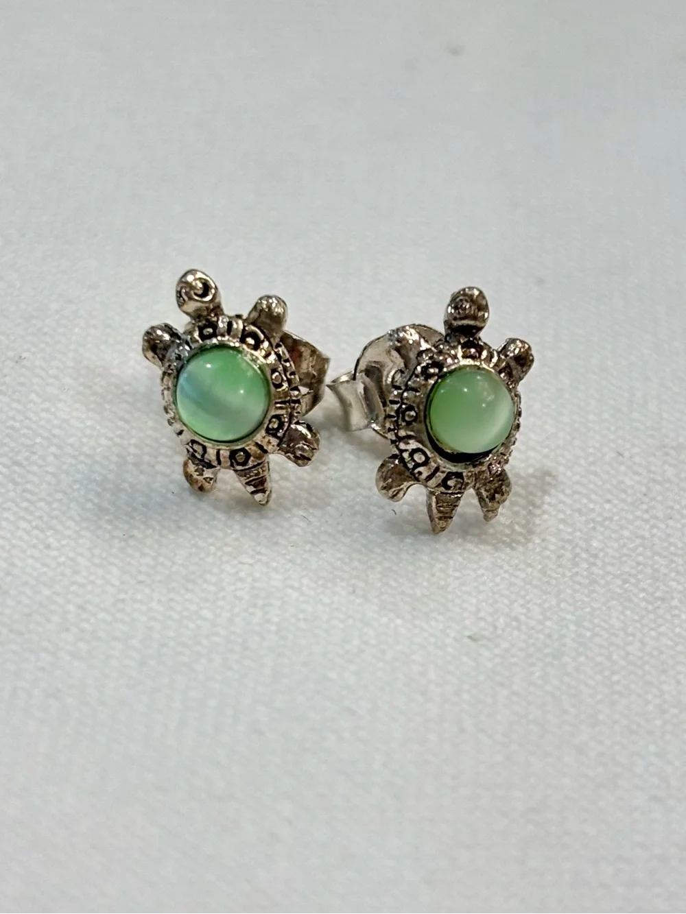Silver Turtle Stud Earrings with Light Green Cabochon